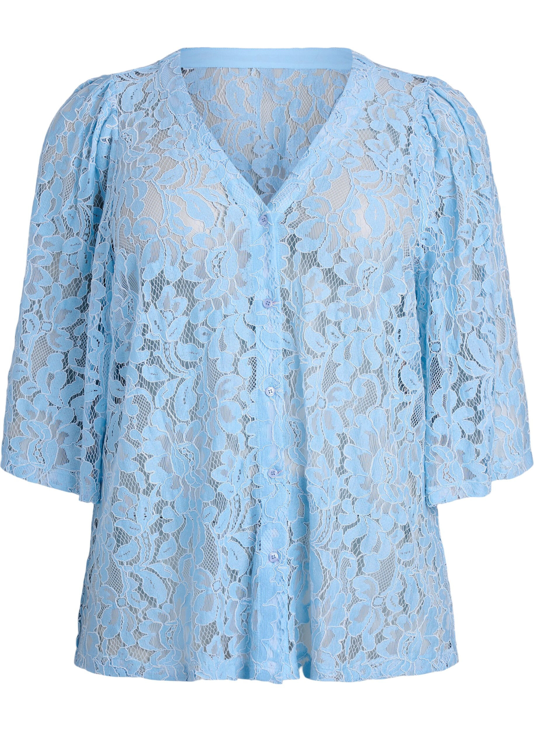 Zizzifashion Short-sleeved lace blouse with V-neck, Blue, Packshot image number 0