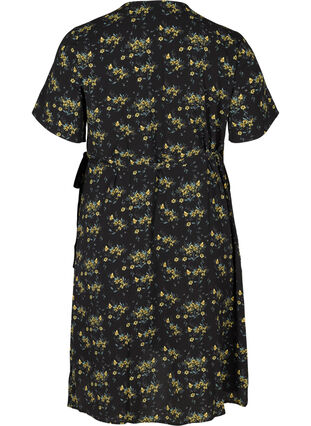 Short-sleeved wrap dress, Black Yellow AOP, Packshot image number 1