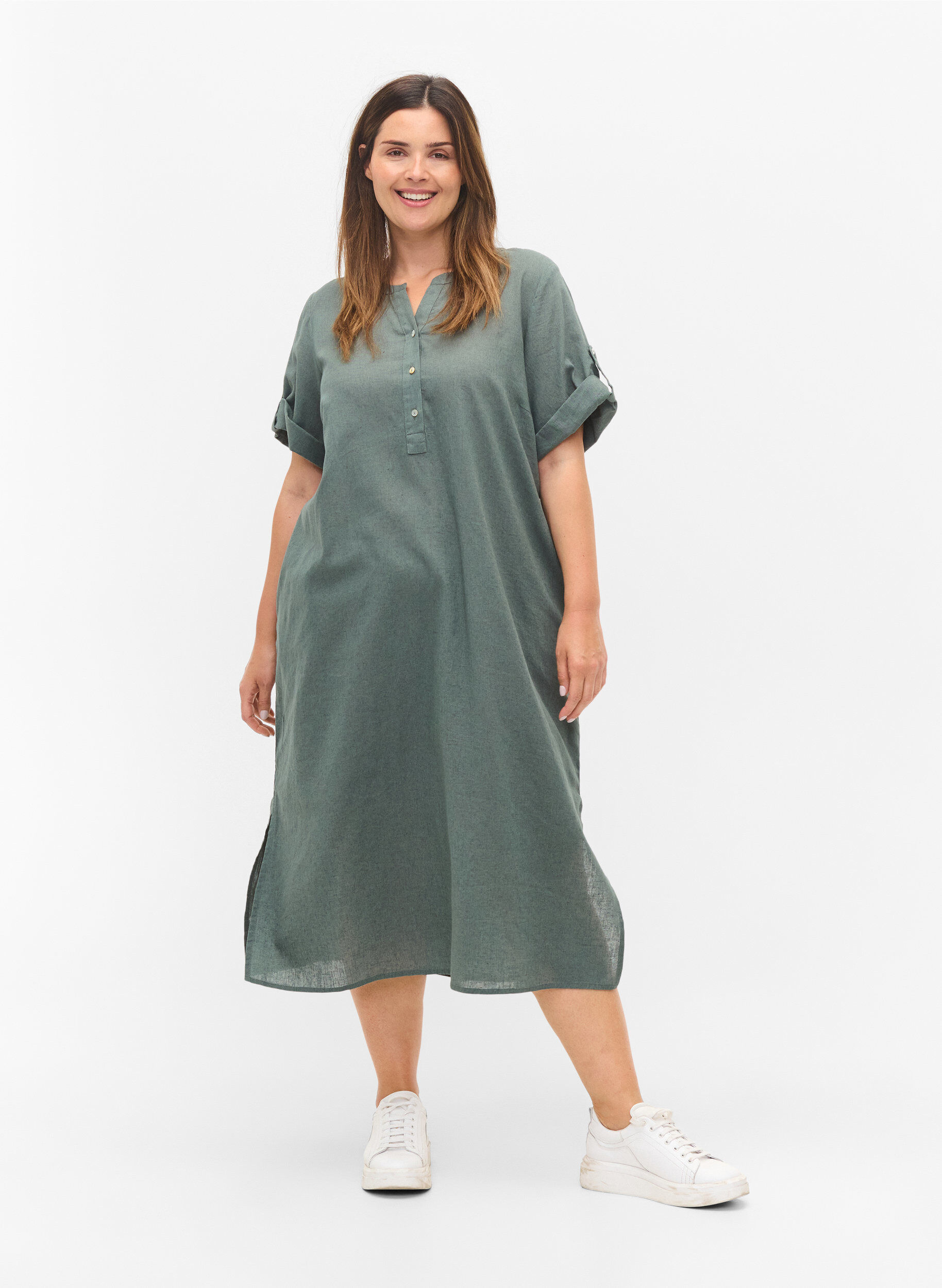 Zizzifashion Long short-sleeved shirt dress, Balsam Green, Model image number 2
