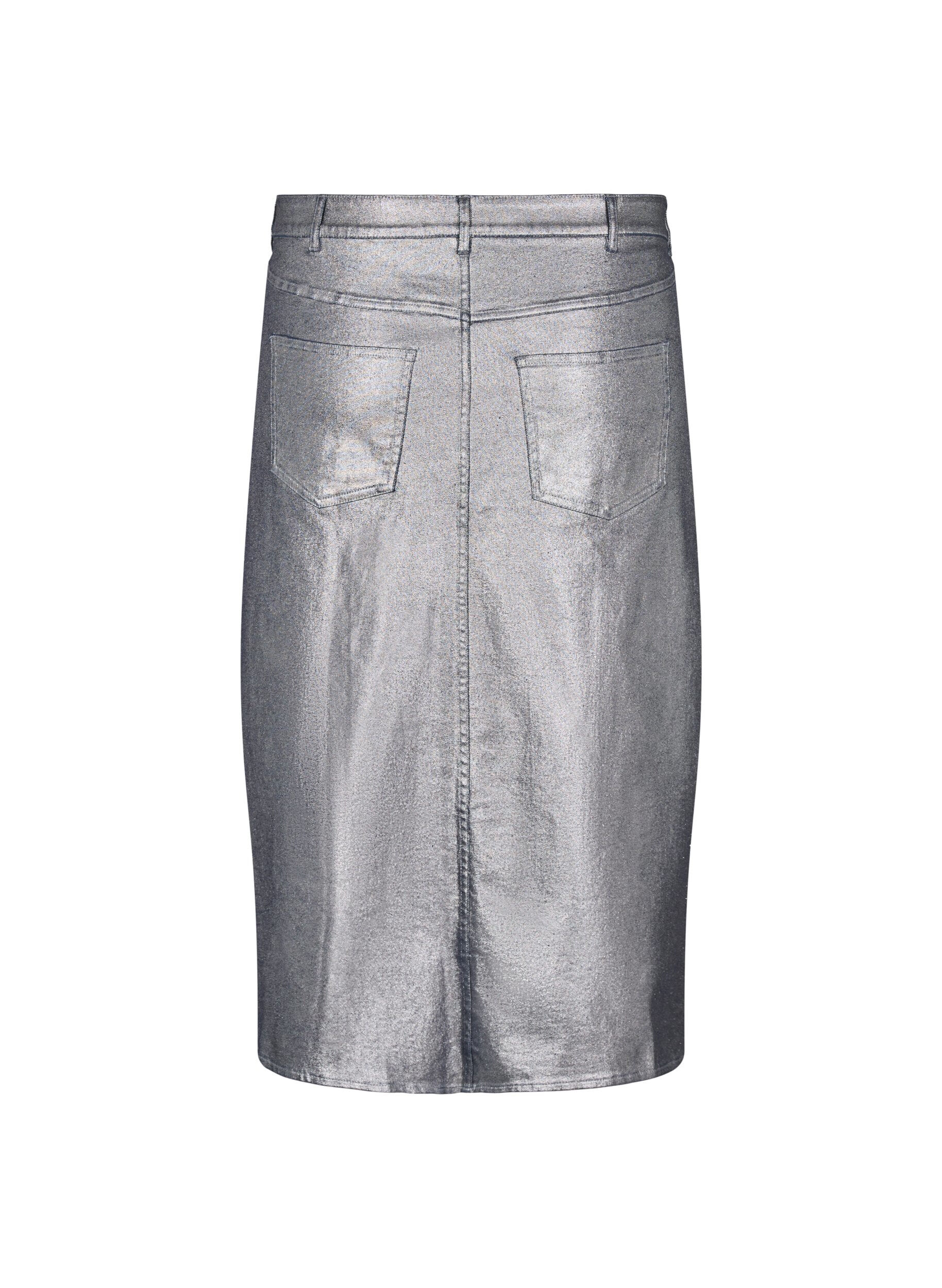 Zizzifashion Silver coated midi skirt, Gun Sliver, Packshot image number 1