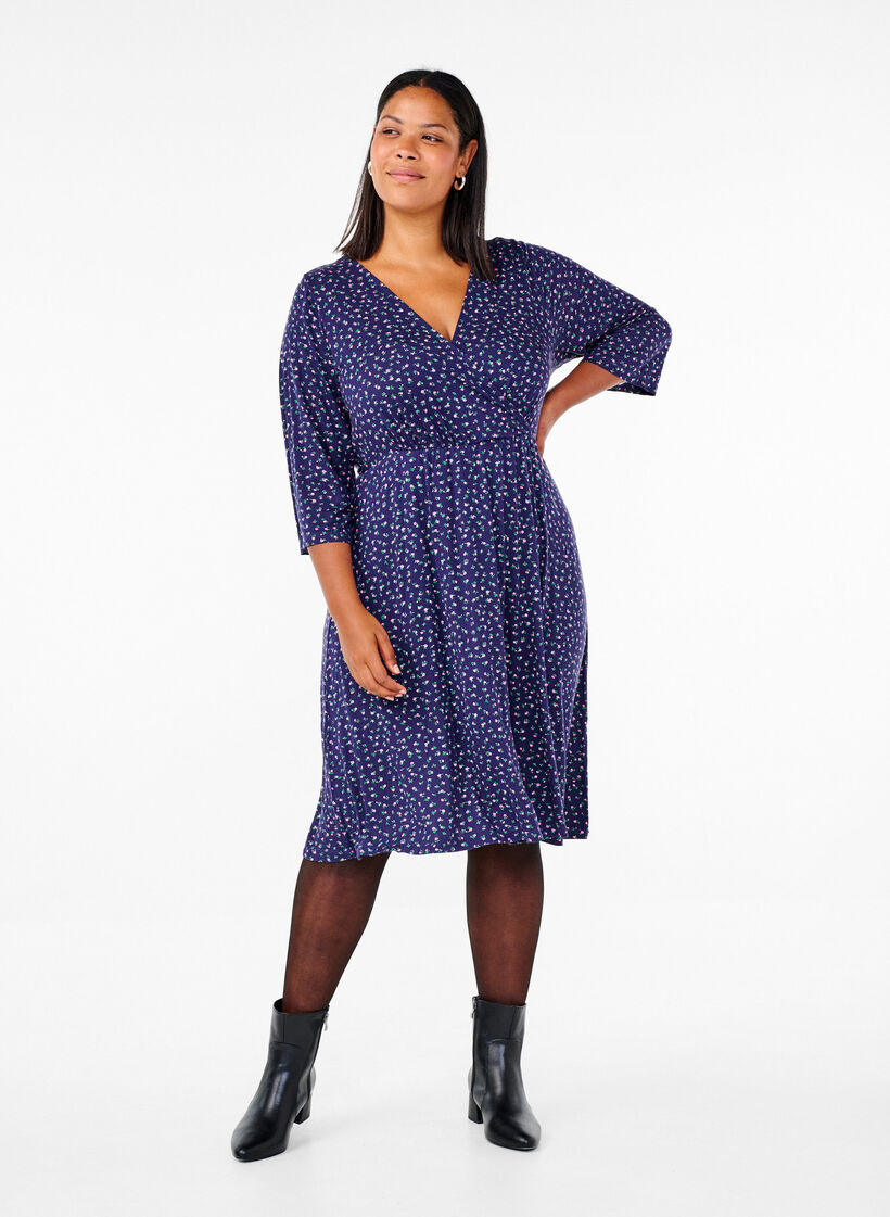 Floral wrap dress with 3/4 sleeves, Evening Blue Ditsy, Model image number 2