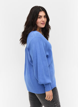 Knitted blouse with v-neck and puff sleeves, Ultramarine Mel, Model image number 1