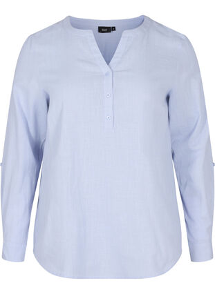 Shirt blouse in cotton with a v-neck, Icelandic Blue, Packshot image number 0