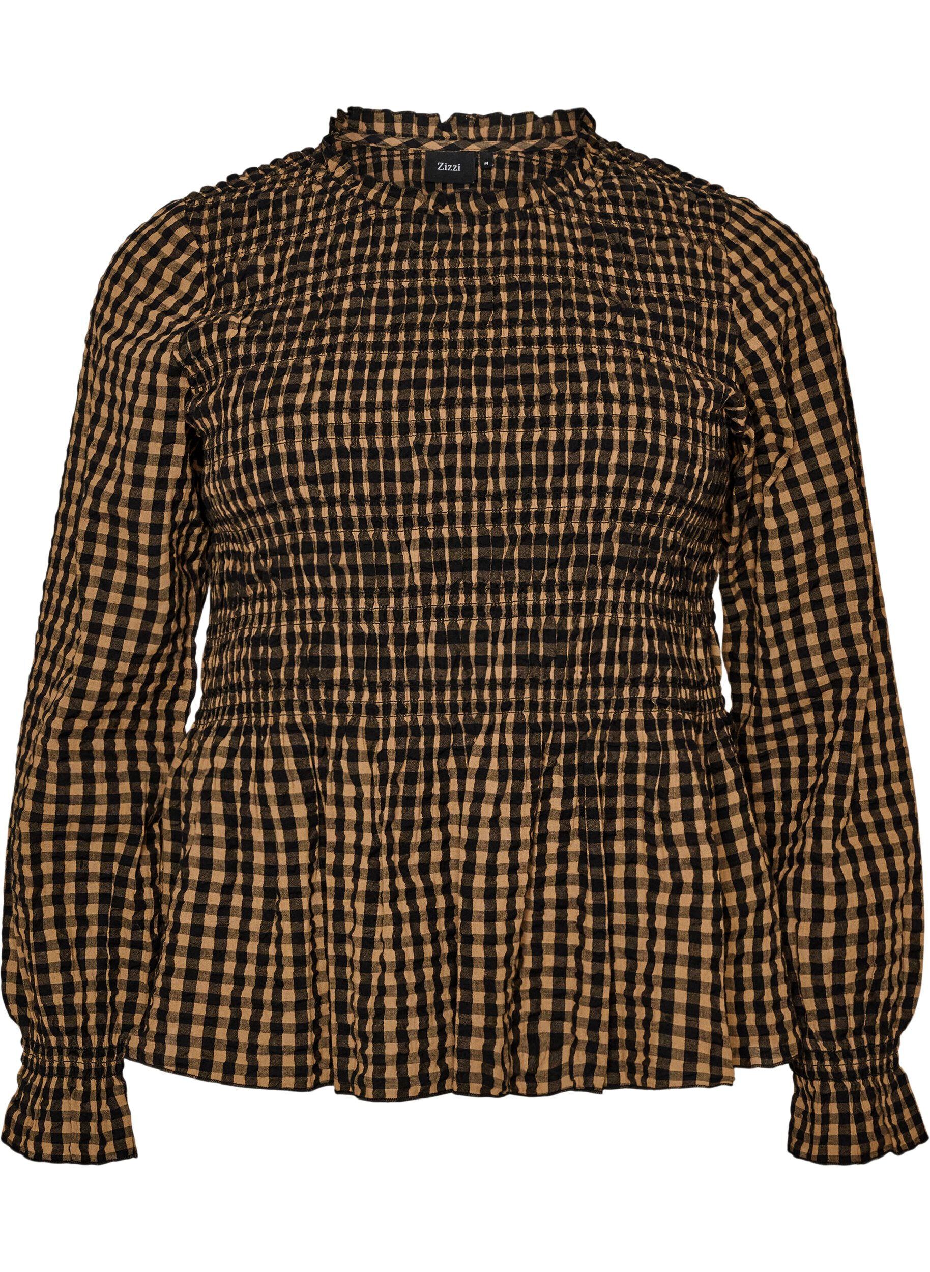 ZizzifashionChecked blouse with smocking and peplum, Brown, Packshot image number 0