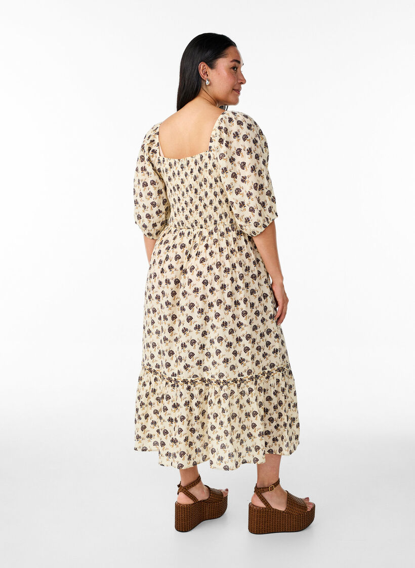 Midi dress with print and smock detailing, Vanilla, Model image number 1