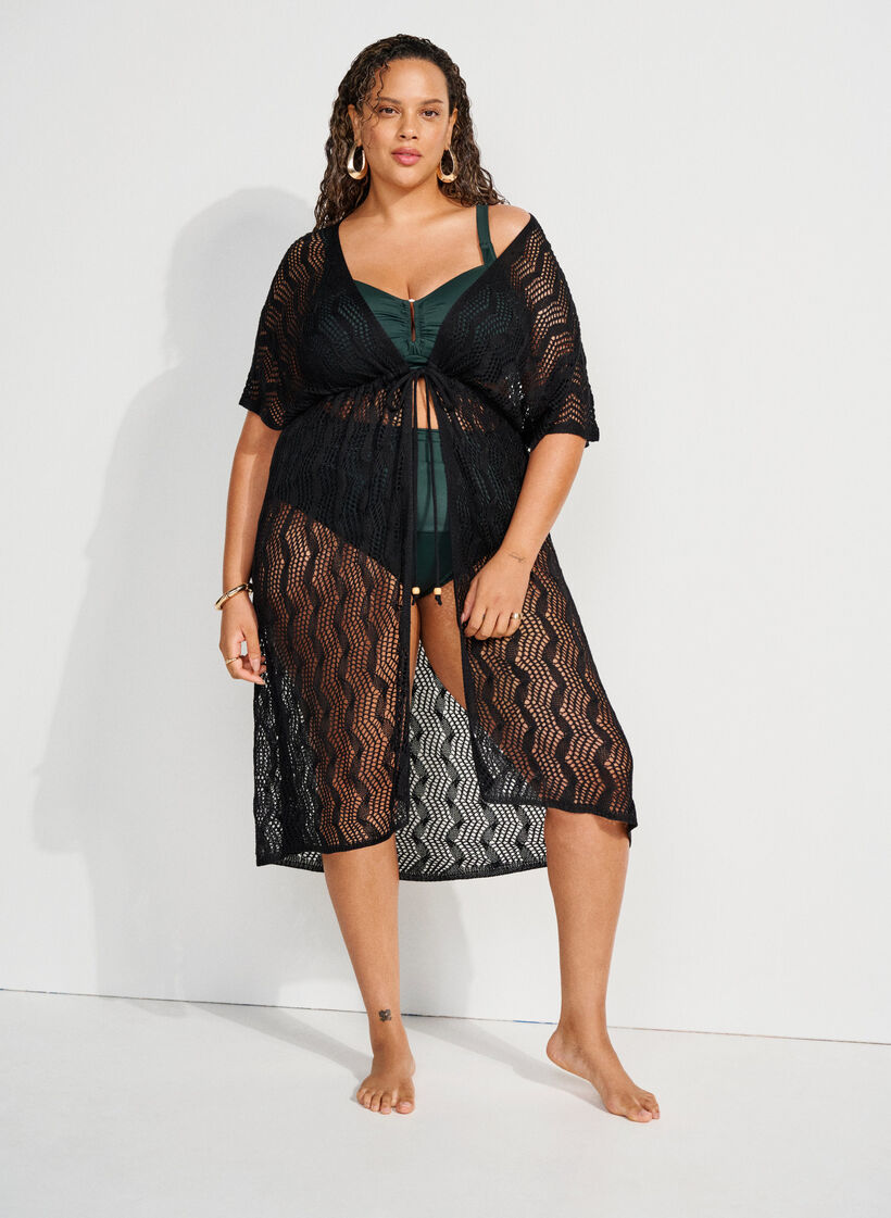 Beach kimono with tie belt, Black, Image image number 0