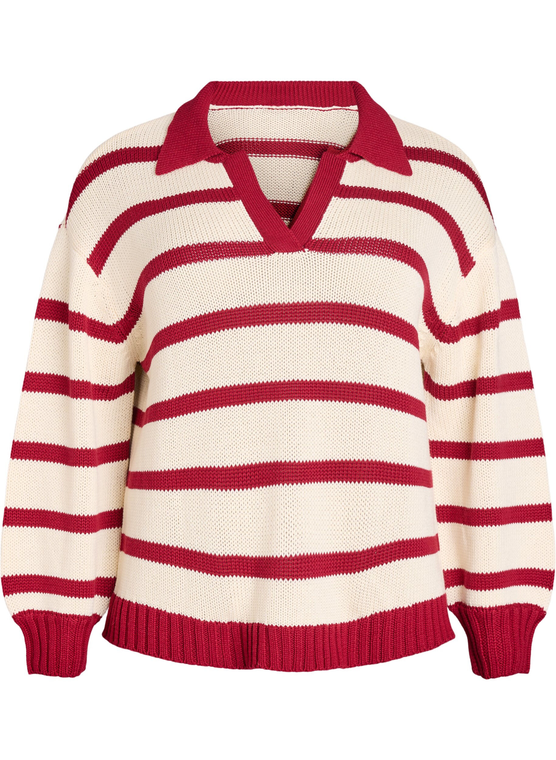 Striped knit blouse with a polo collar