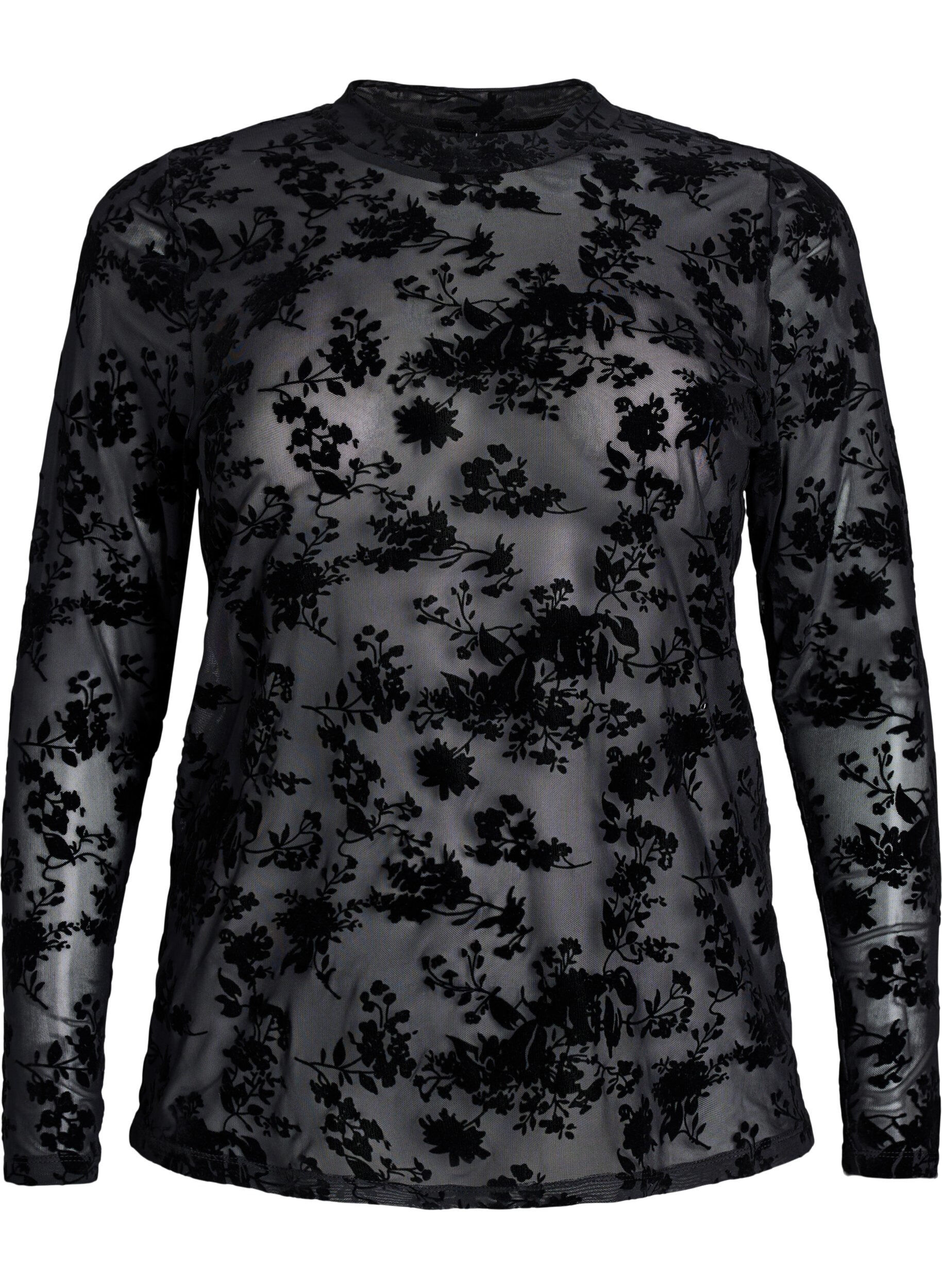 Zizzifashion Mesh blouse with floral pattern, Black, Packshot image number 0