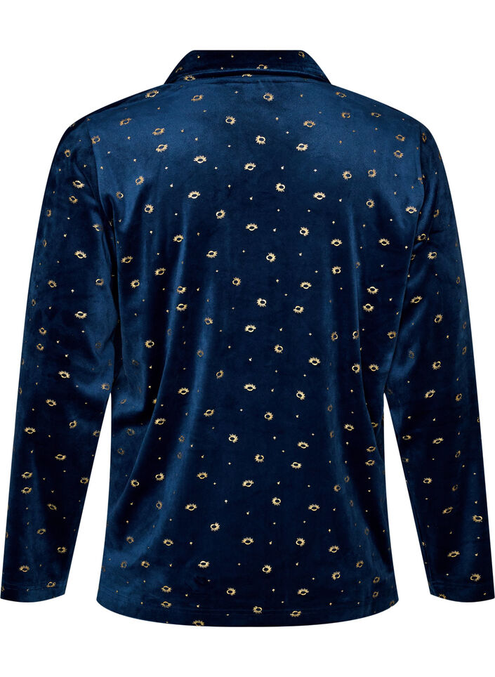 Velour pyjama shirt with an all-over print, Blue, Packshot image number 1