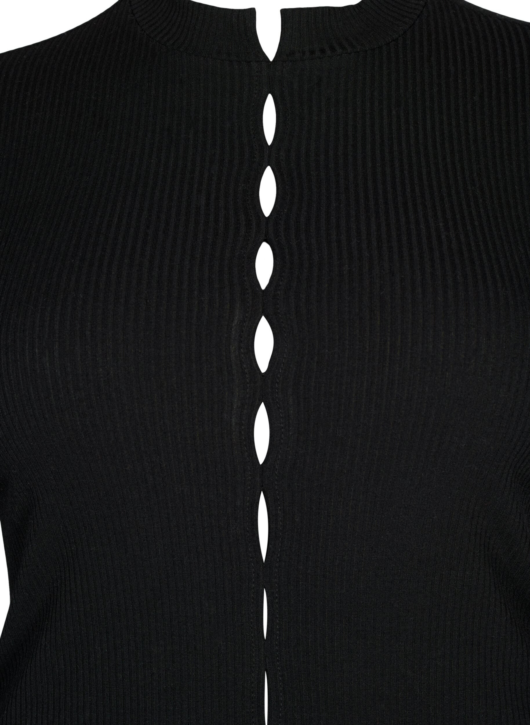 Zizzifashion Long sleeve ribbed blouse with hole details, Black, Packshot image number 2
