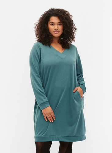 Sweatshirt dress with v-neckline, Sea Pine, Model image number 0