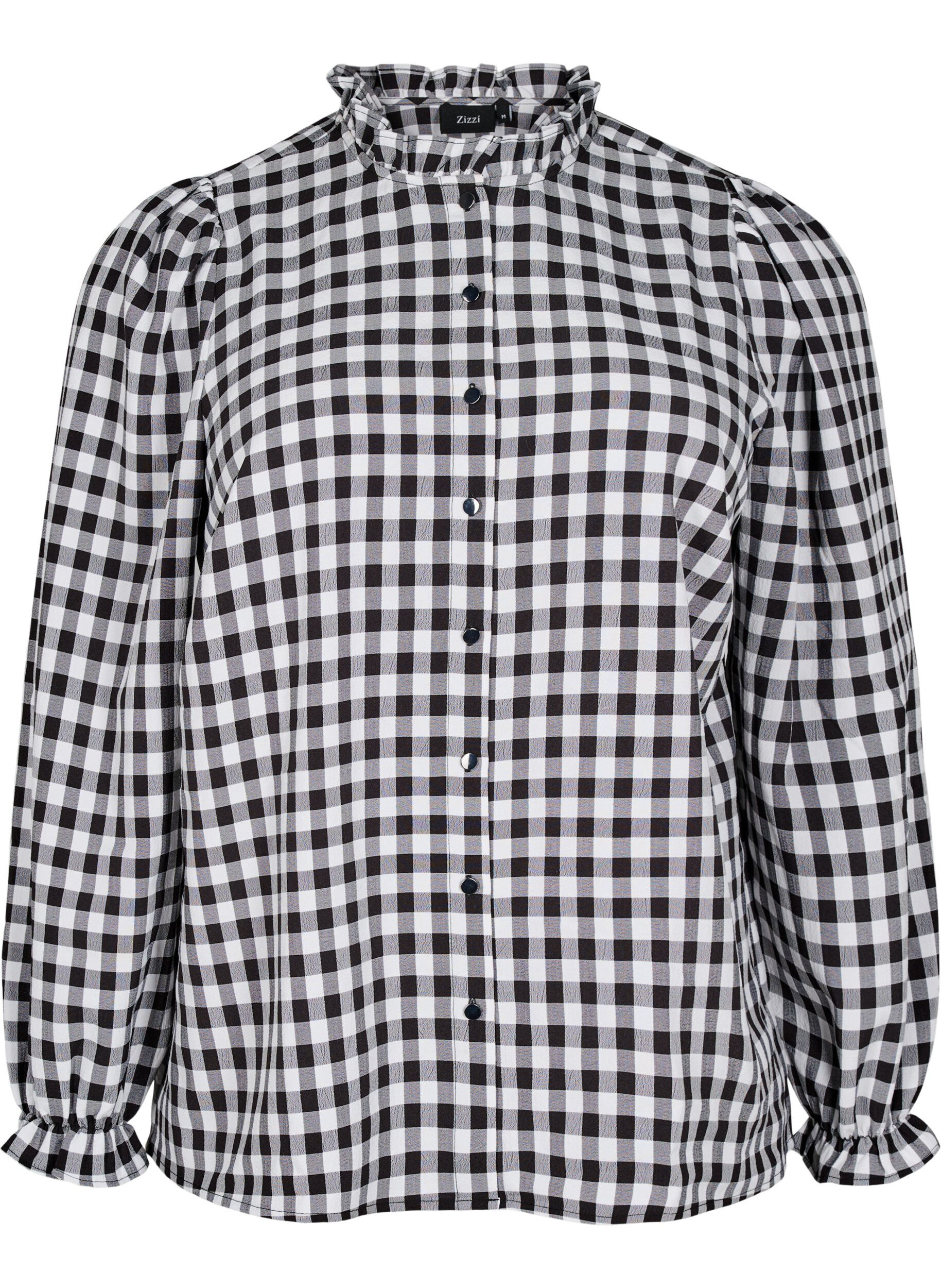 Zizzifashion Checked shirt blouse with ruffle details, Black/W. Gingham, Packshot image number 0
