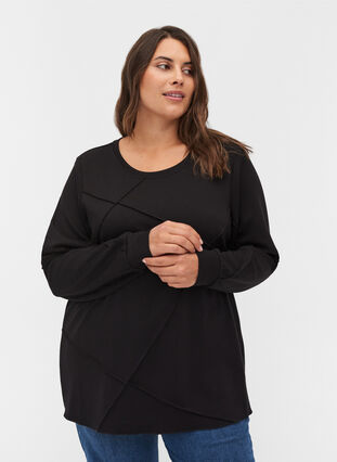 Long-sleeved sweat blouse with rounded neckline, Black, Model image number 0