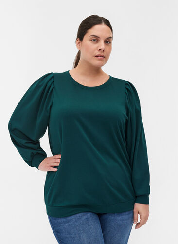 Sweat blouse with rounded neckline and balloon sleeves, Ponderosa Pine, Model image number 0
