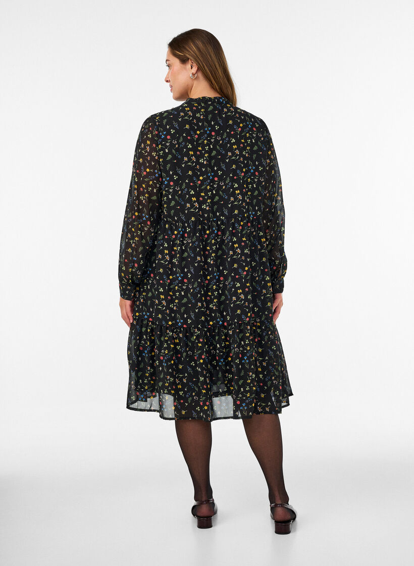 Dress with all-over print and a ruffle layer, Black, Model image number 1