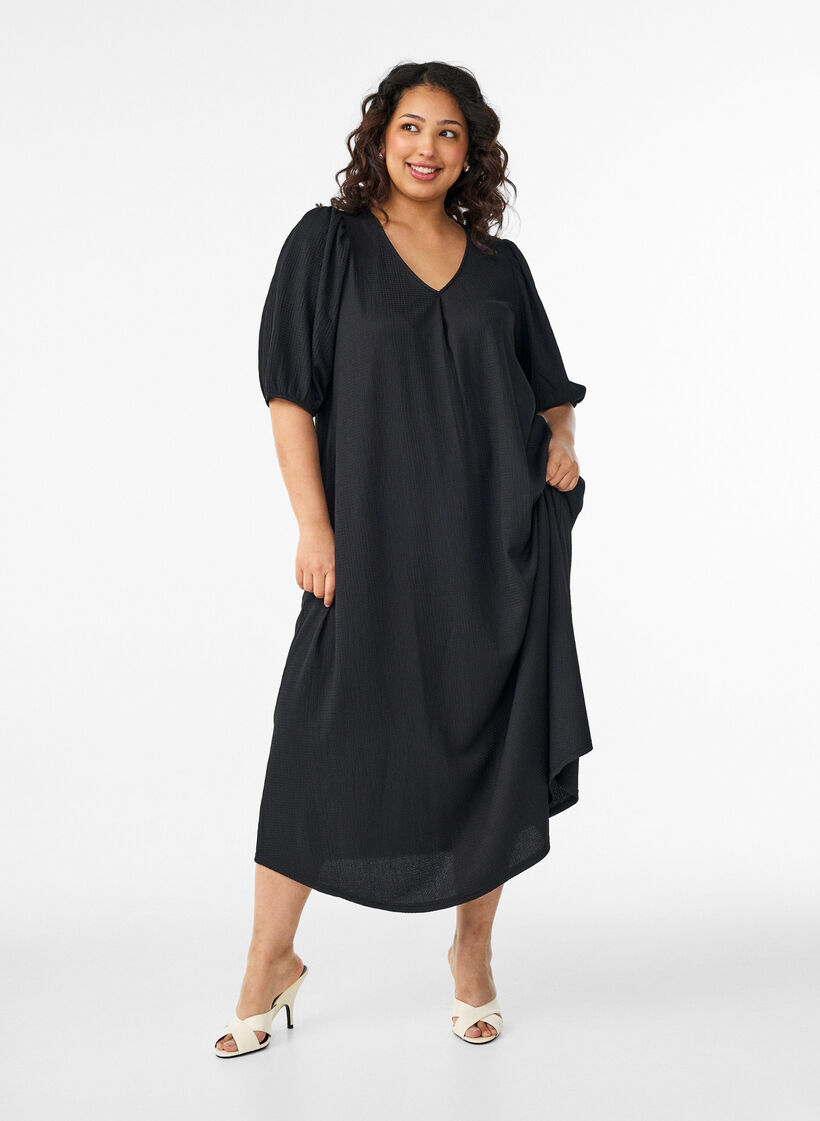 Midi dress with V-neck and texture, Black, Model image number 0