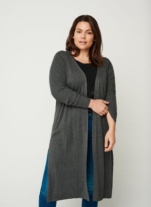 Long knitted cardigan made from a viscose mix, Dark Grey Melange, Model image number 0