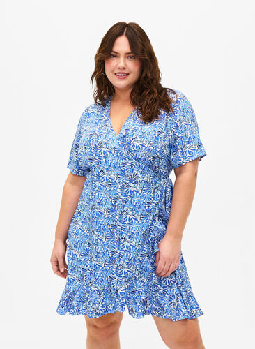 FLASH - Wrap dress with short sleeves, White Blue AOP, Model image number 0