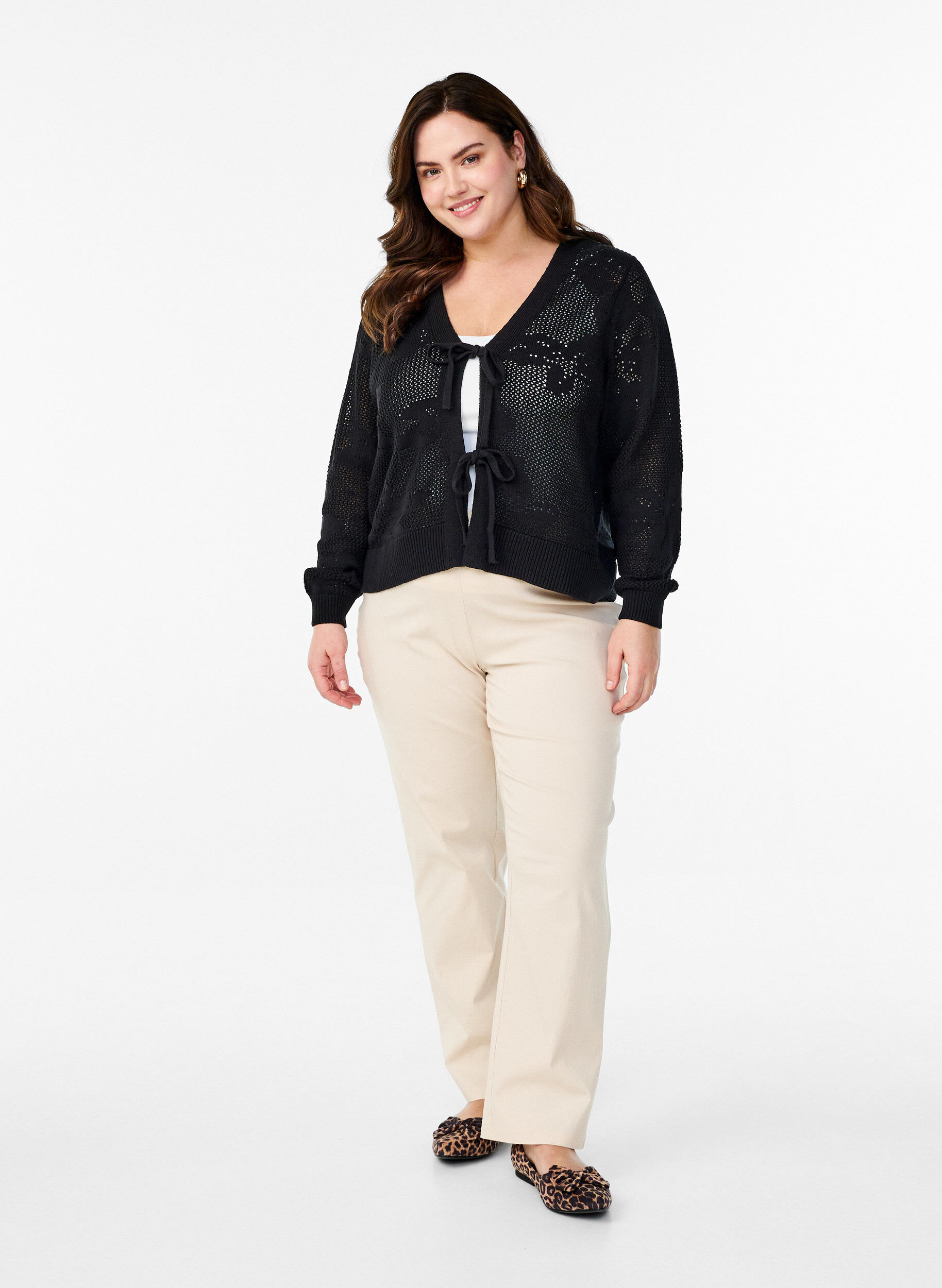 Zizzifashion Knitted cardigan with openwork pattern and tie strings, Black, Model image number 2