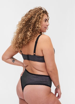 High rise G-string with glitter and lace trim, Black, Model image number 1