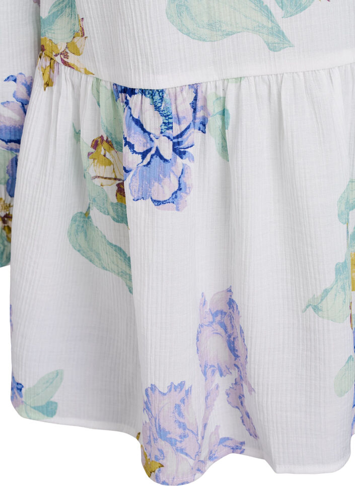Pleated tunic with long sleeves and floral print, White, Packshot image number 3