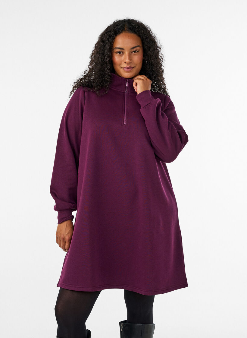Sweatshirt dress with a high ribbed collar and zip, Purple, Model image number 0