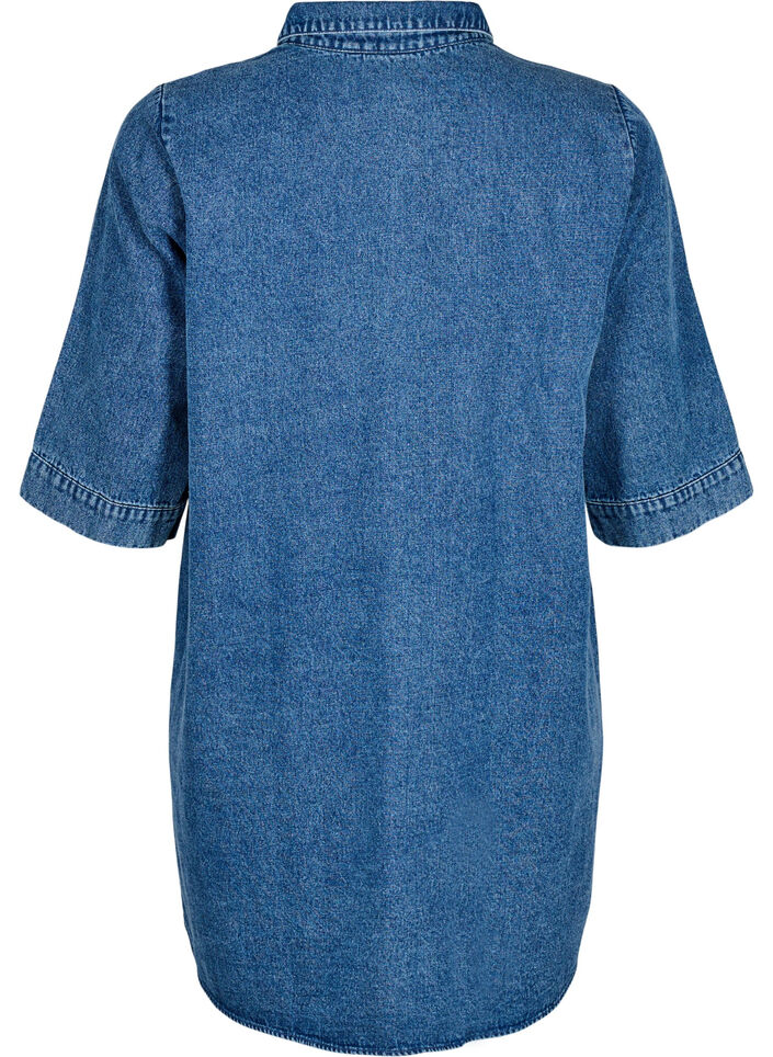 Short denim dress with zipper and 3/4 sleeves, Blue, Packshot image number 1