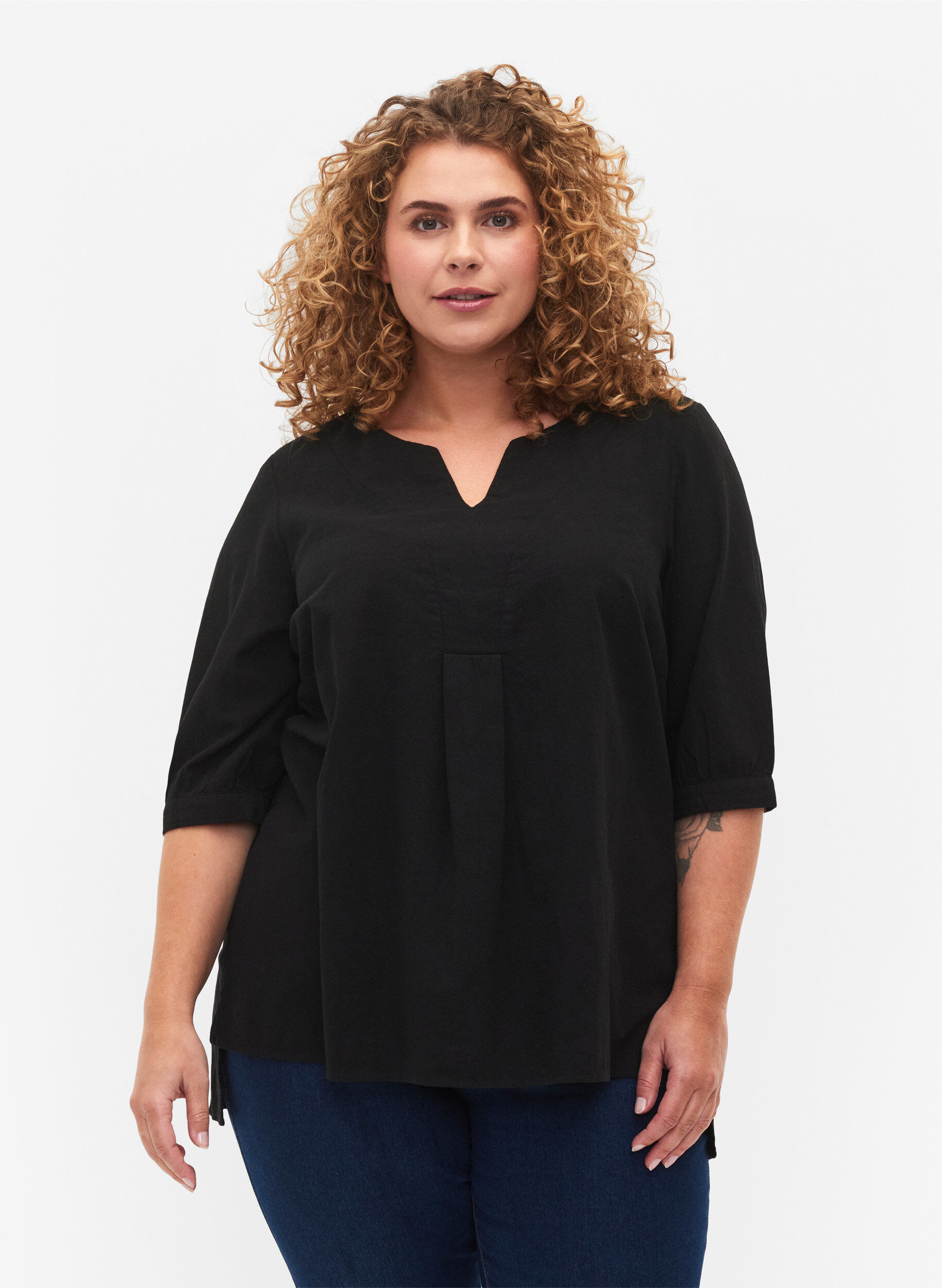 Zizzifashion FLASH - Cotton blouse with half-length sleeves, Black, Model image number 0