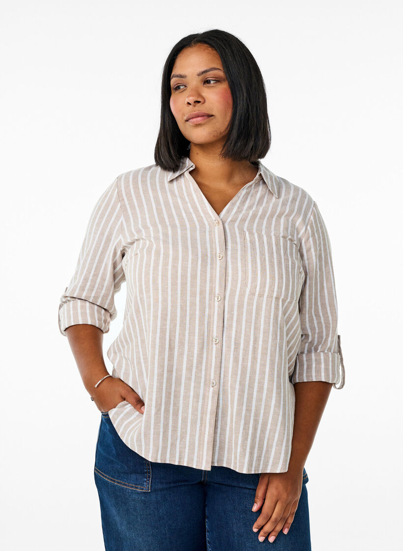 Shirt in linen and viscose with 3/4 sleeves, Beige, Model image number 0