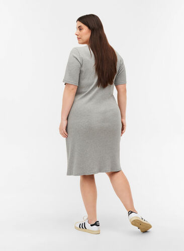 Short-sleeved dress in a ribbed fabric , Light Grey Melange, Model image number 1
