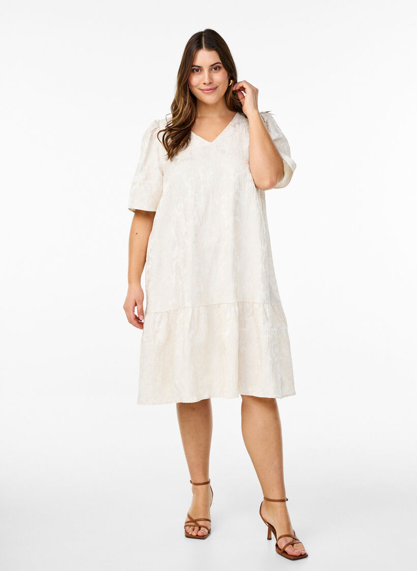 Knee-length jacquard dress with short sleeves, Whisper White, Model image number 3