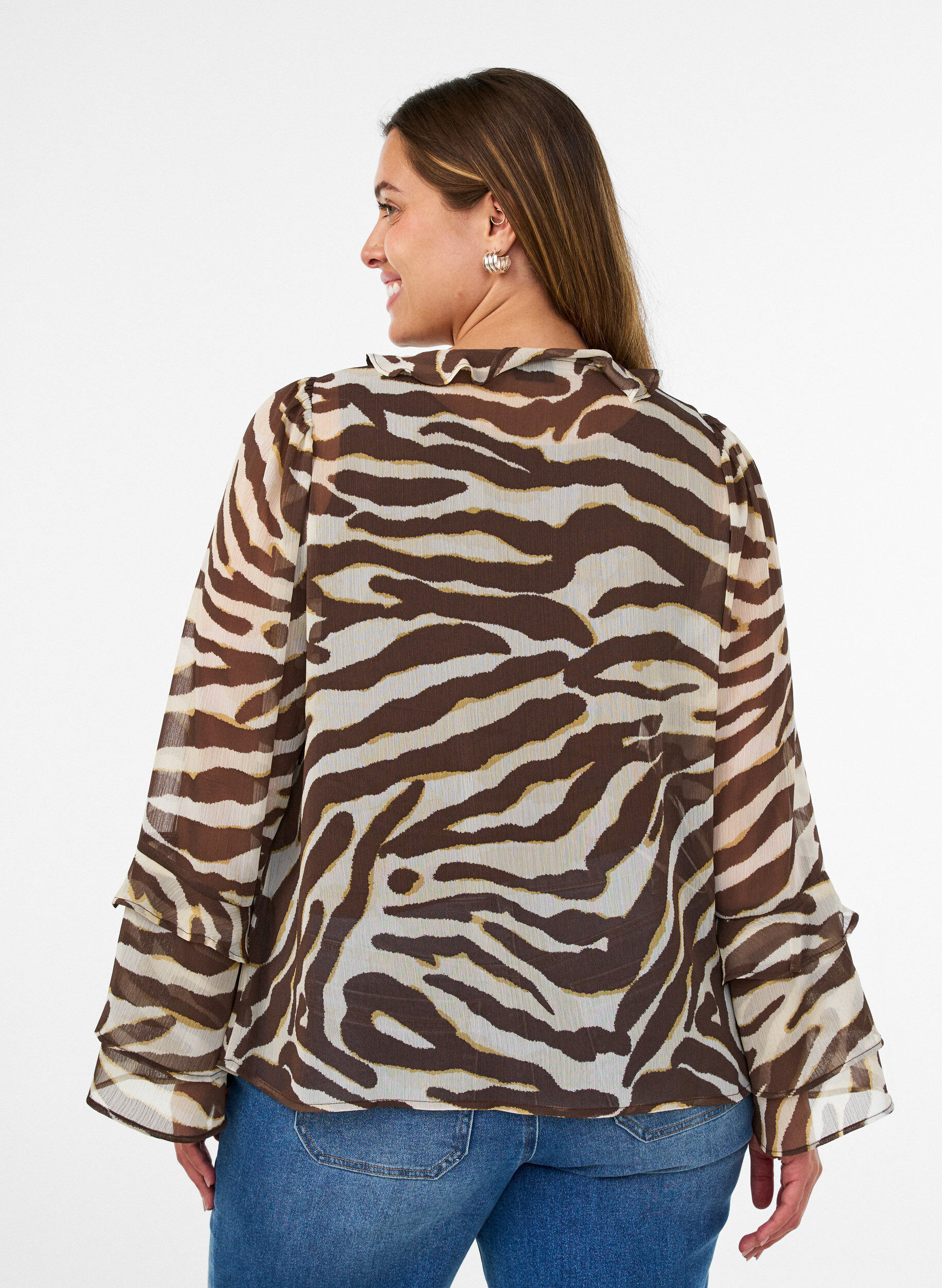 ZizzifashionChiffon blouse with zebra print and ruffles, Brown, Model image number 2