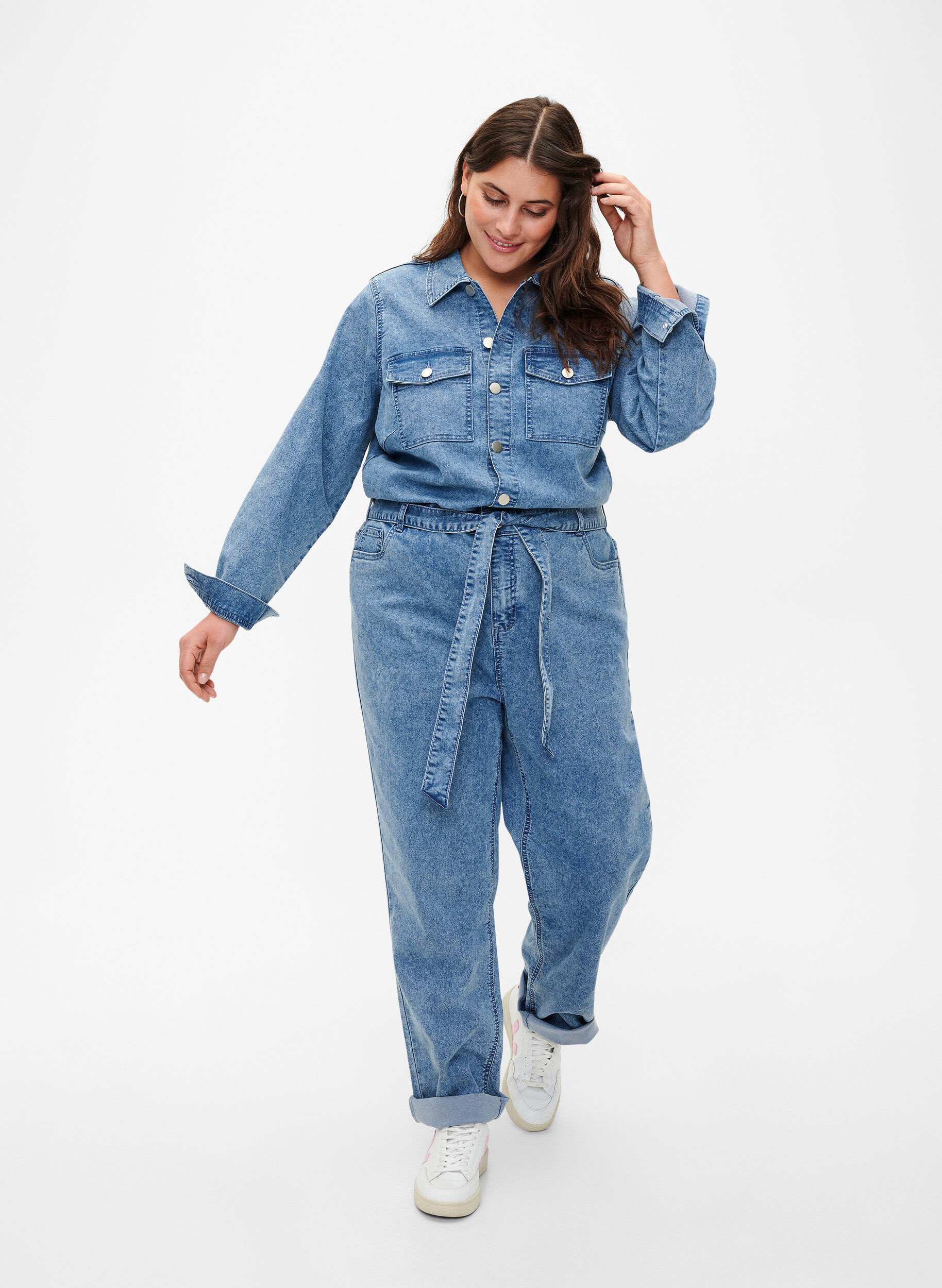 Zizzifashion Long-sleeved denim Jumpsuit, Light Blue Denim, Model image number 0