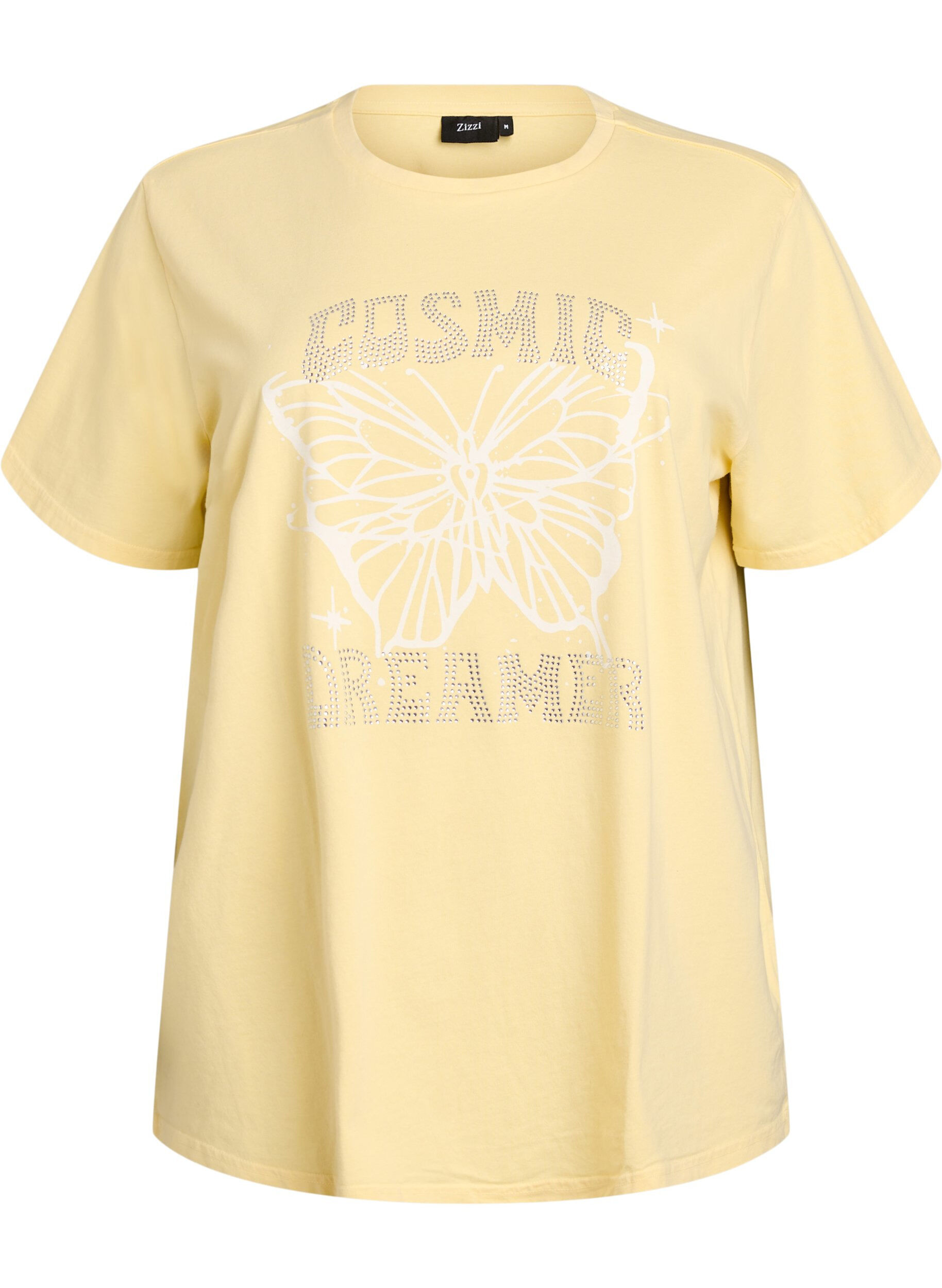 Zizzifashion Organic cotton T-shirt with rhinestones and butterfly motif, Beige, Packshot image number 0