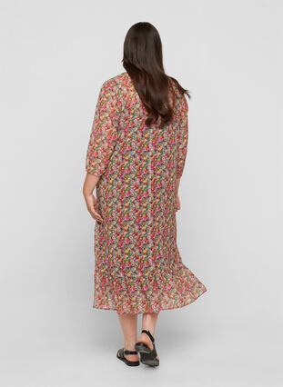 Floral midi dress with a tie belt in the waist, Pink Flower AOP, Model image number 1