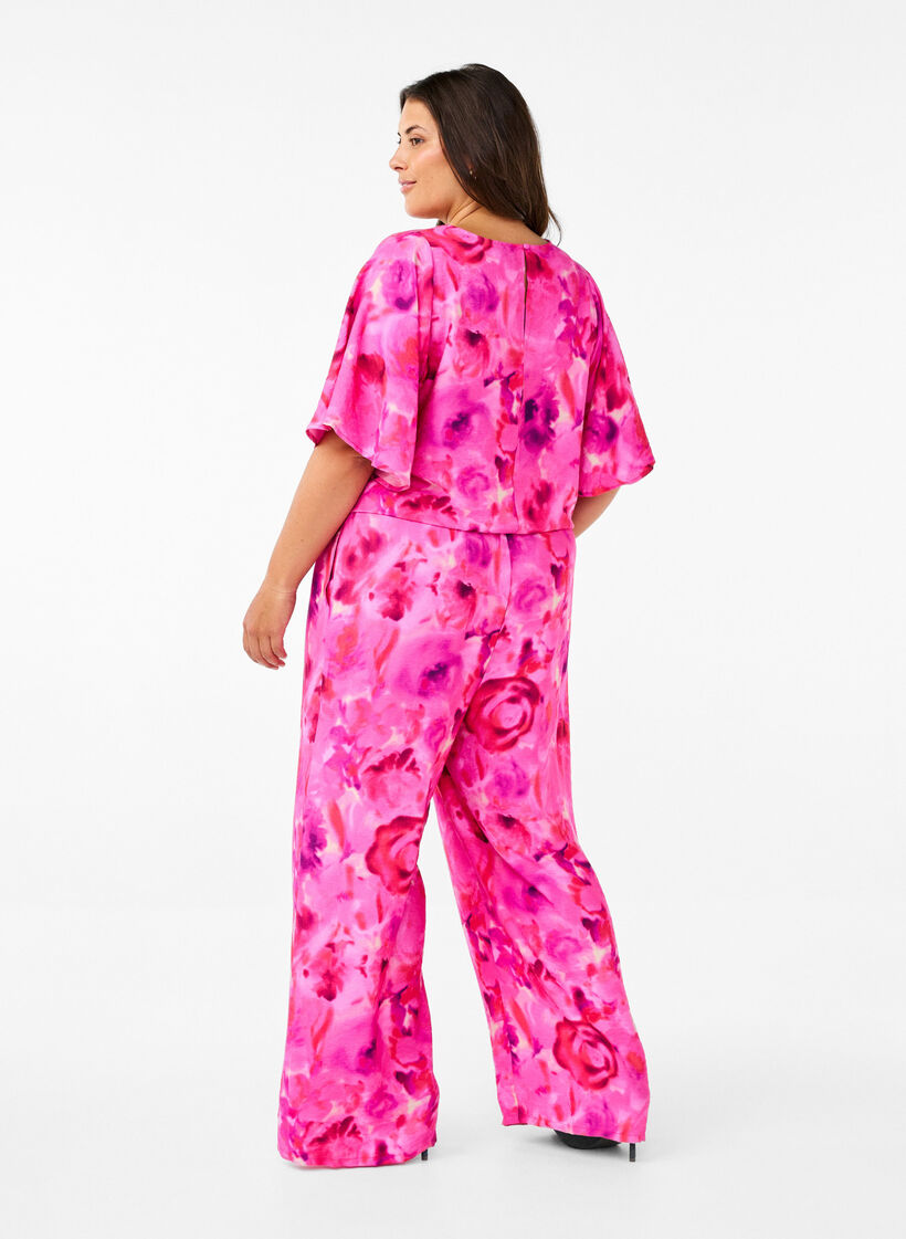 Floral jumpsuit with batwing sleeves, Pink Rose AOP, Model image number 1