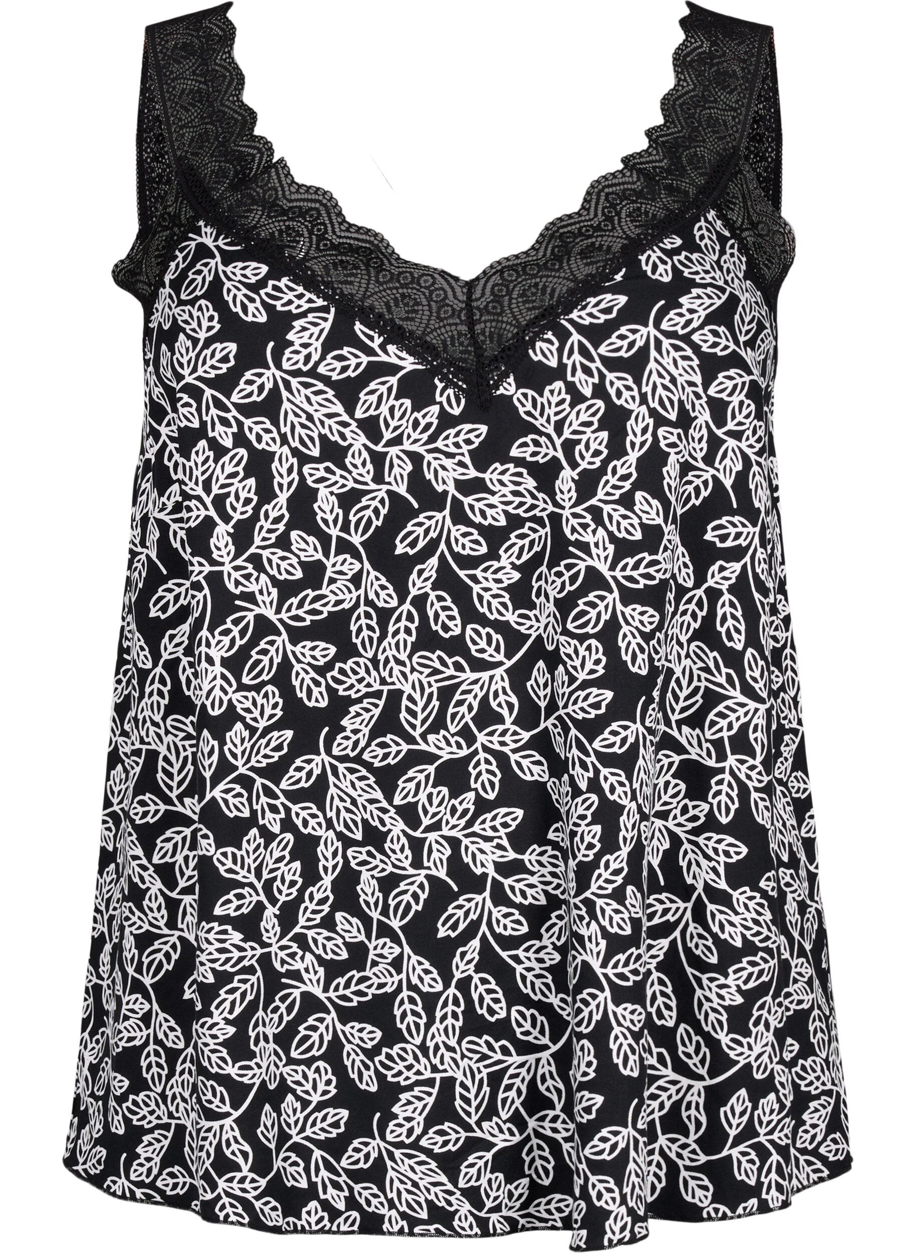 Zizzifashion Lace top in viscose, Black w. Wh.Leaf AOP, Packshot image number 0