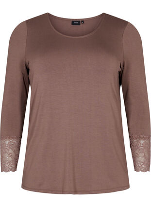 Long-sleeved viscose blouse with lace detail, Deep Taupe, Packshot image number 0