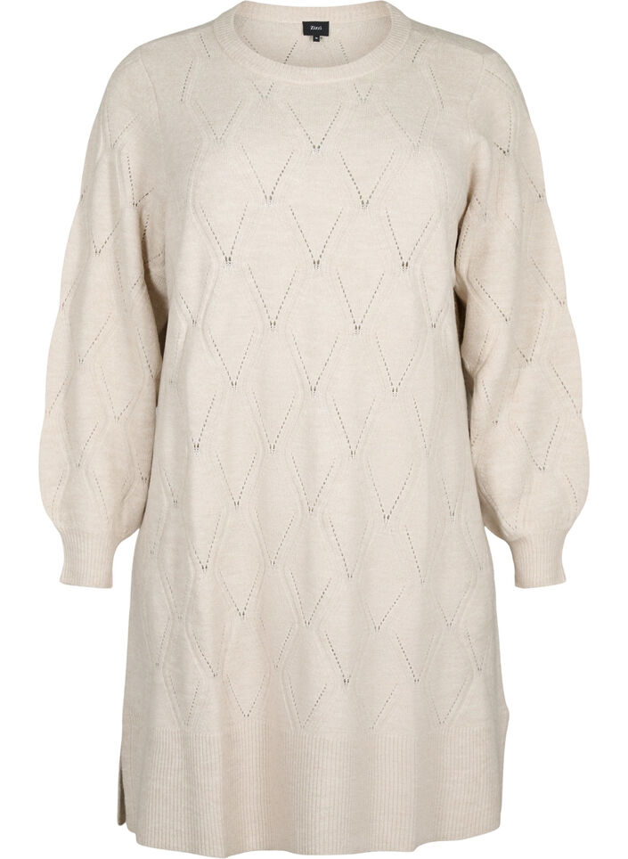 Long-sleeved knit dress with hole pattern, Birch Mel., Packshot image number 0