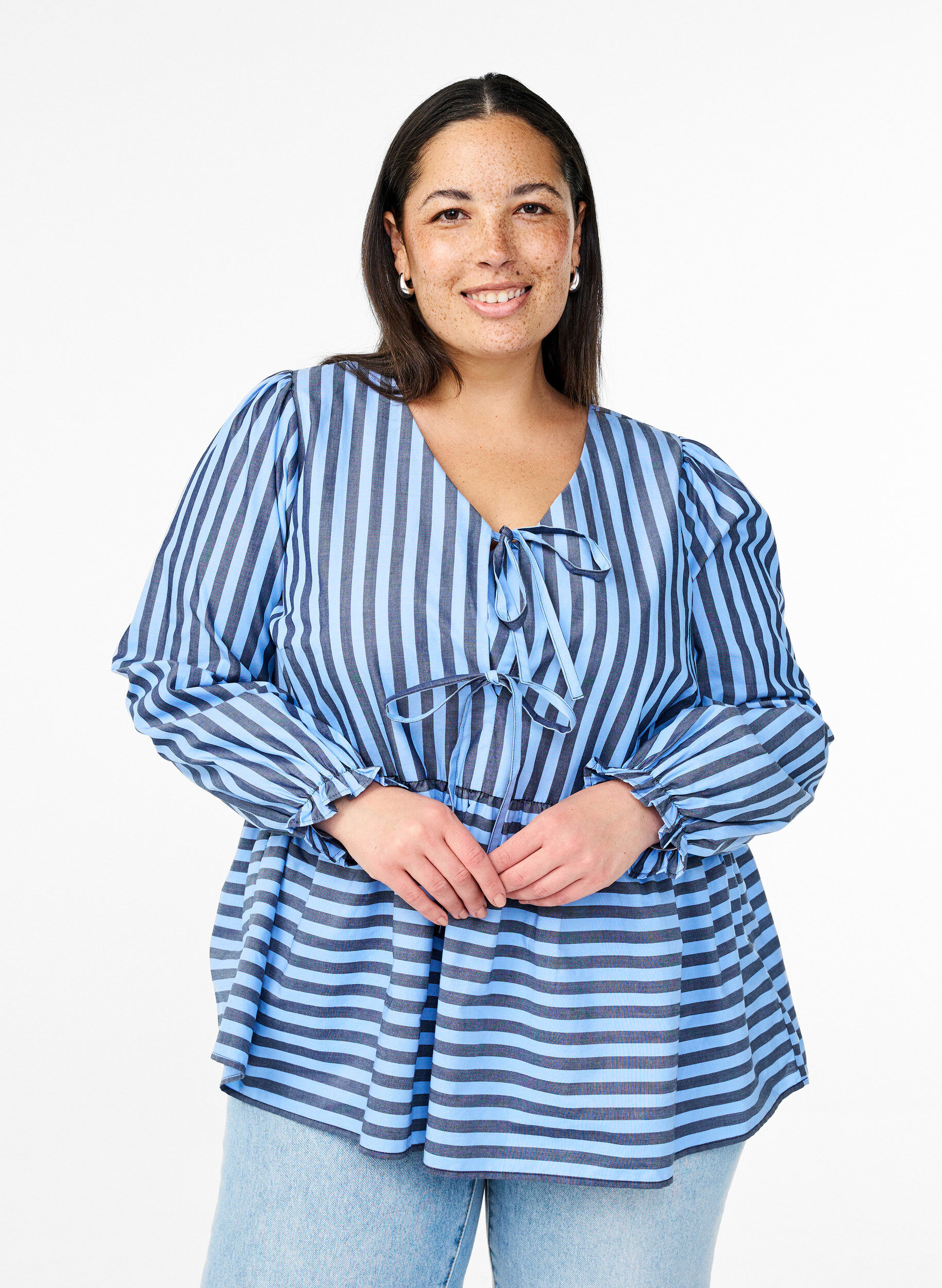 Zizzifashion Blouse with stripes and bows, Blue, Model image number 0
