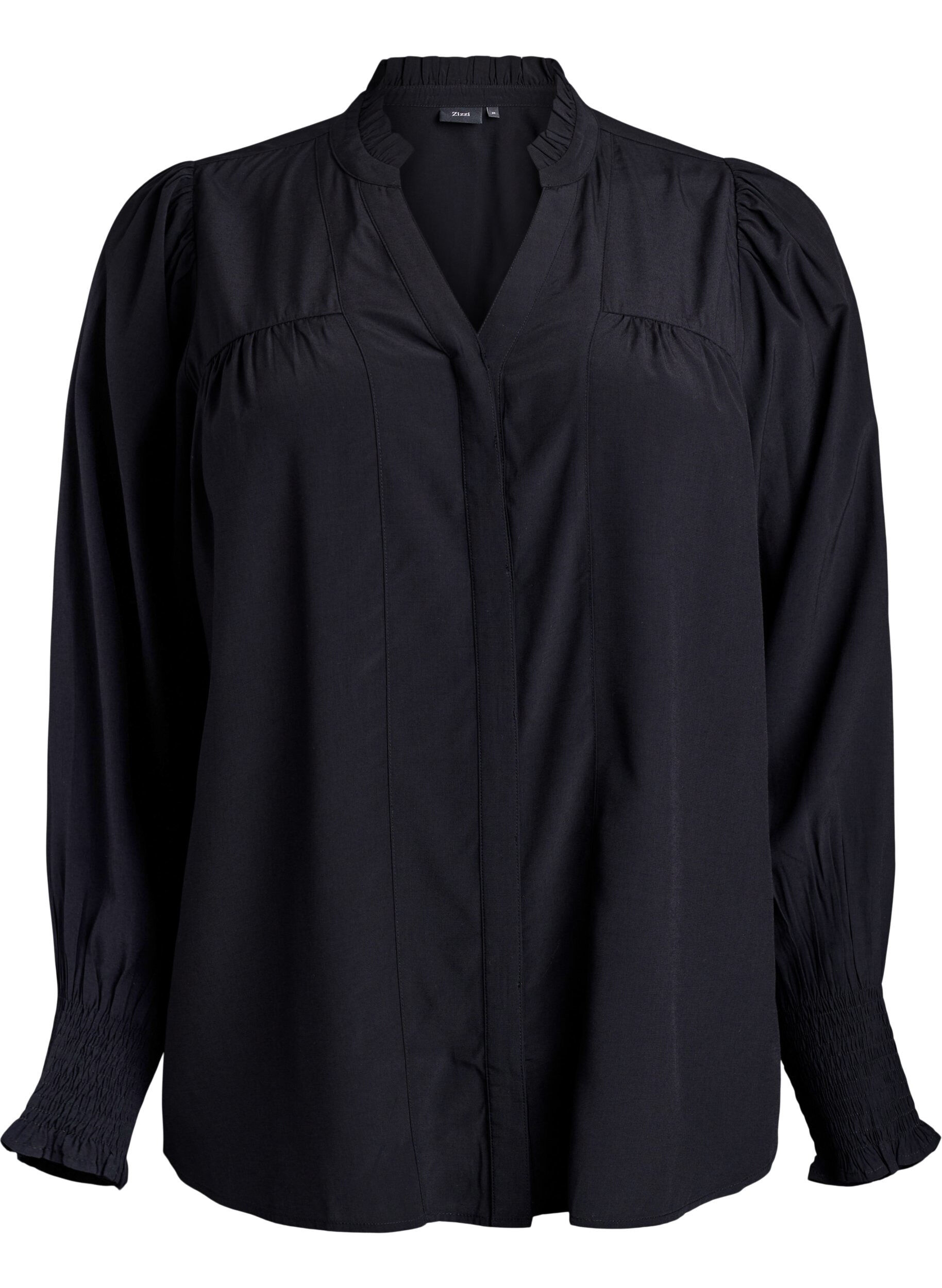 Blouse with ruffle collar and ruching