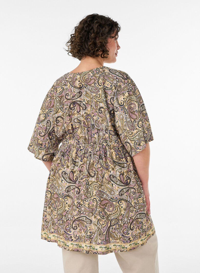 Viscose tunic with paisley print and tie-string, Yellow, Model image number 2