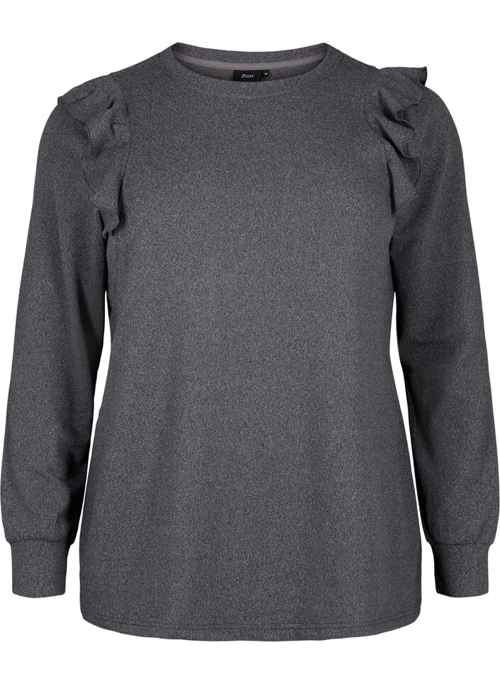 Long-sleeved blouse with ruffle details, Dark Grey Melange, Packshot image number 0