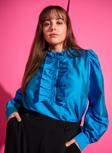 Shiny shirt blouse with ruffles, Diva Blue, Image image number 0