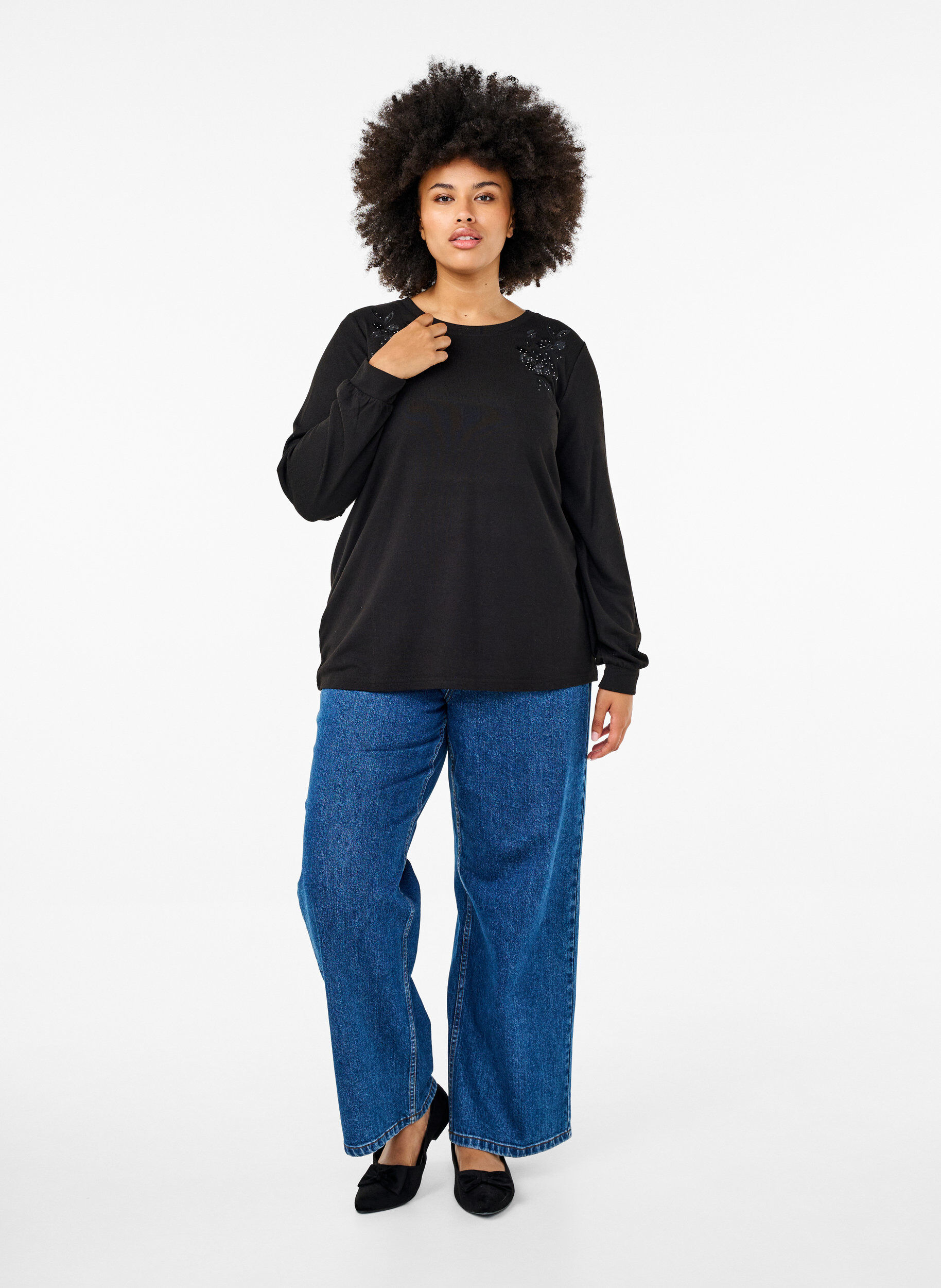 Zizzifashion Blouse with embroidery and rhinestones, Black, Model image number 2