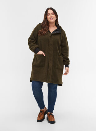 Long teddy jacket with hood and pockets, Ivy Green, Model image number 2