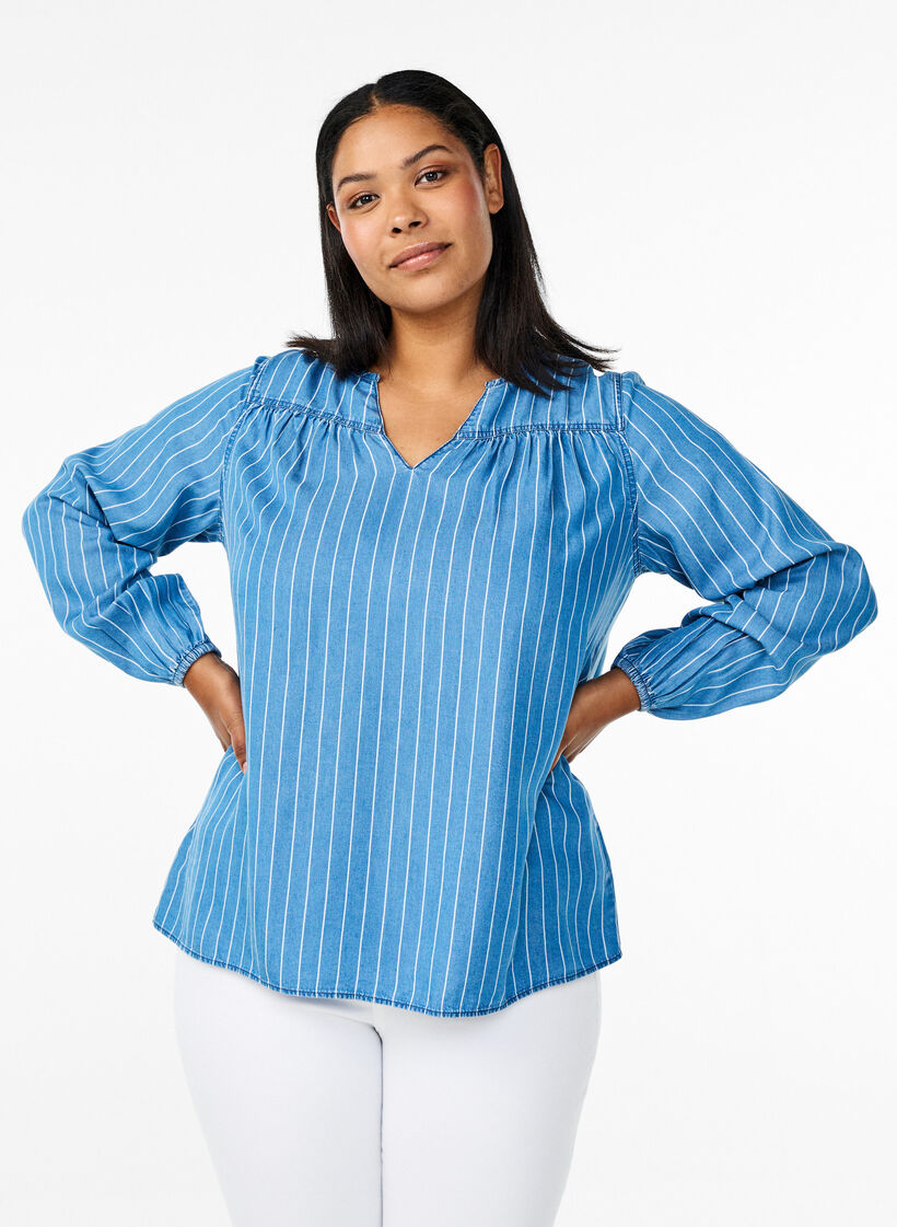 Striped denim blouse with long sleeves, Blue, Model image number 0