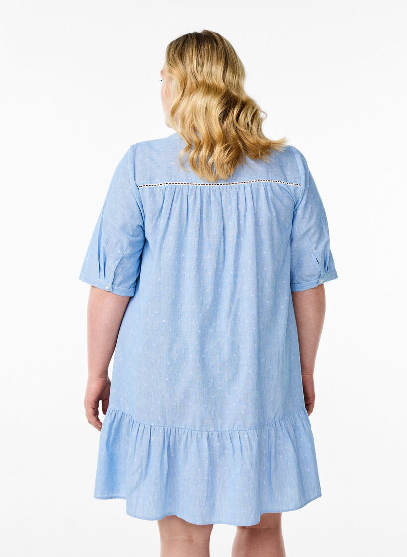 Short dress with lace ribbons and A-line shape, Blue, Model image number 1