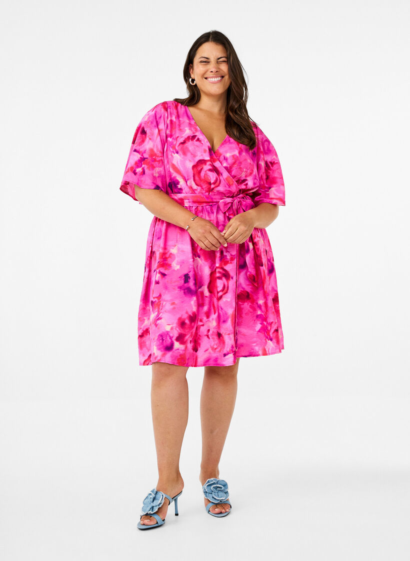 Knee-length dress with floral print and wrap look, Pink Rose AOP, Model image number 1