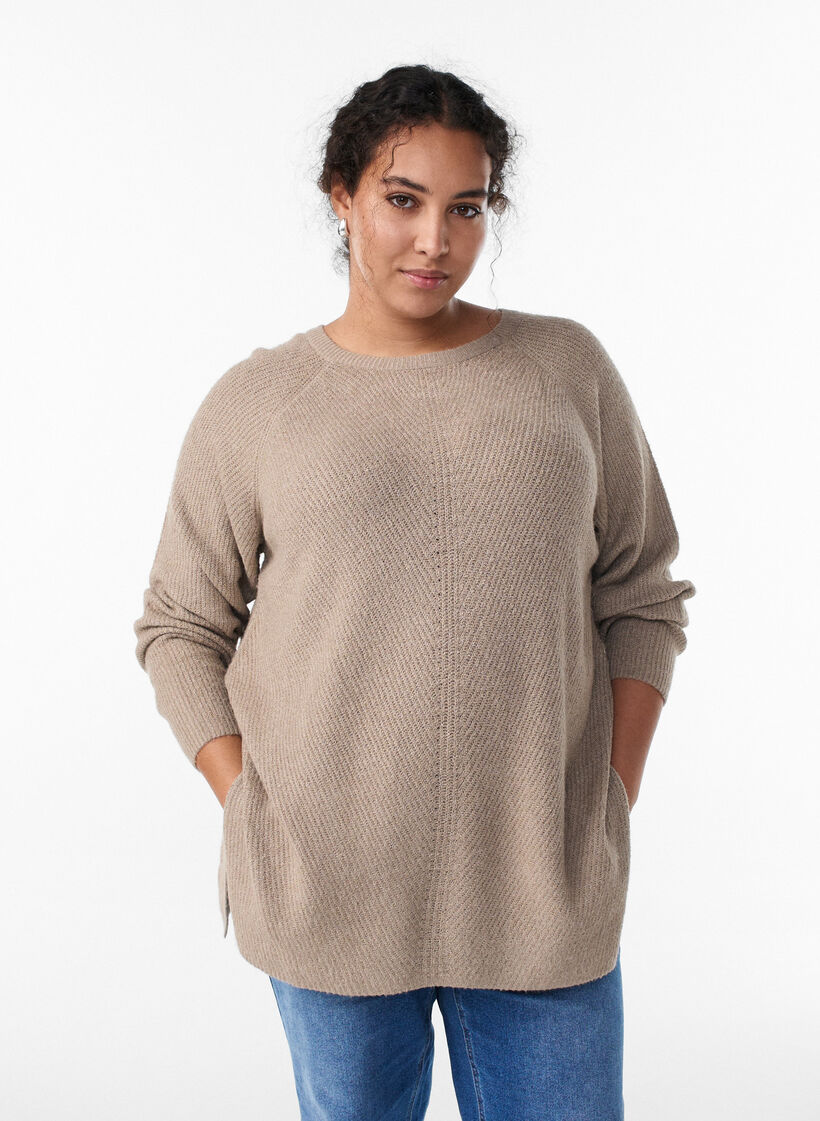 Knitted jumper with a diagonal pattern and raglan sleeves, Beige, Model image number 0